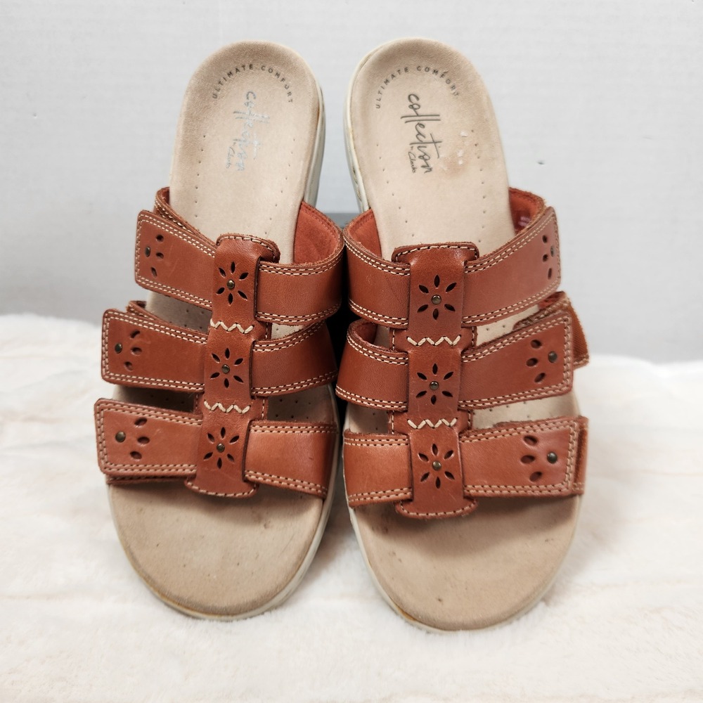 Clarks Collection Leisa Janna Tan Leather Slide Sandals Womens Sz 8 M Adjustable